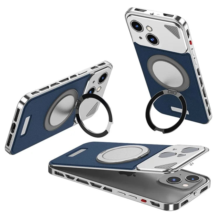 For iPhone 13 / 14 Case Magnetic Closure Back Plate + Metal Frame Phone Cover with Kickstand