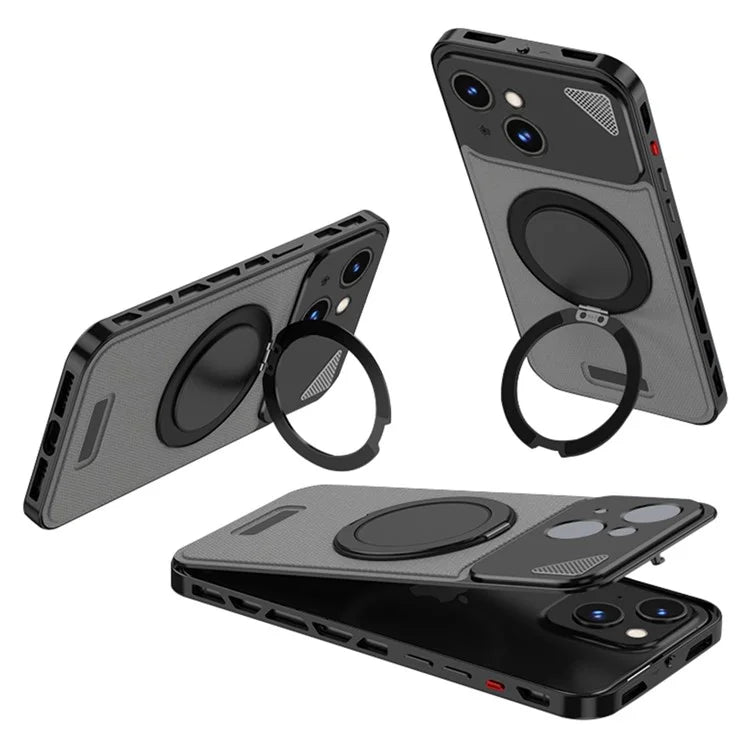 For iPhone 13 / 14 Case Magnetic Closure Back Plate + Metal Frame Phone Cover with Kickstand