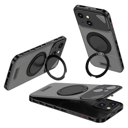 For iPhone 13 / 14 Case Magnetic Closure Back Plate + Metal Frame Phone Cover with Kickstand