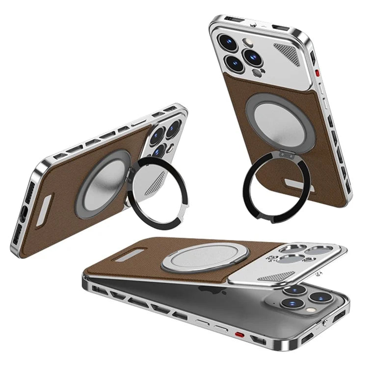 For iPhone 15 Pro Case Magnetic Closure Back Plate + Metal Frame Phone Cover with Kickstand