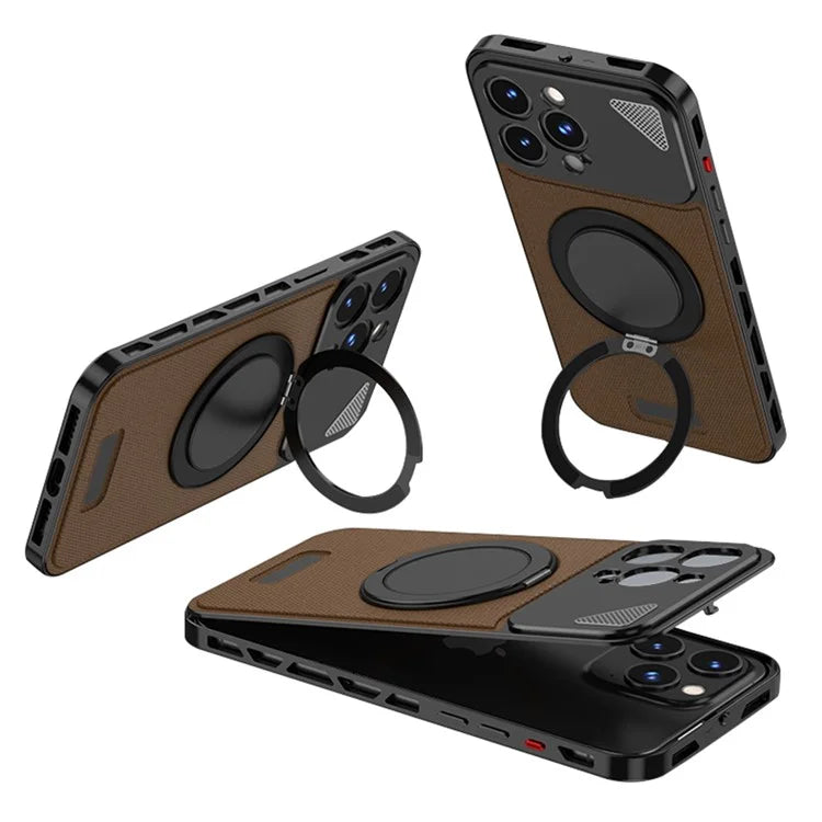 For iPhone 15 Pro Case Magnetic Closure Back Plate + Metal Frame Phone Cover with Kickstand