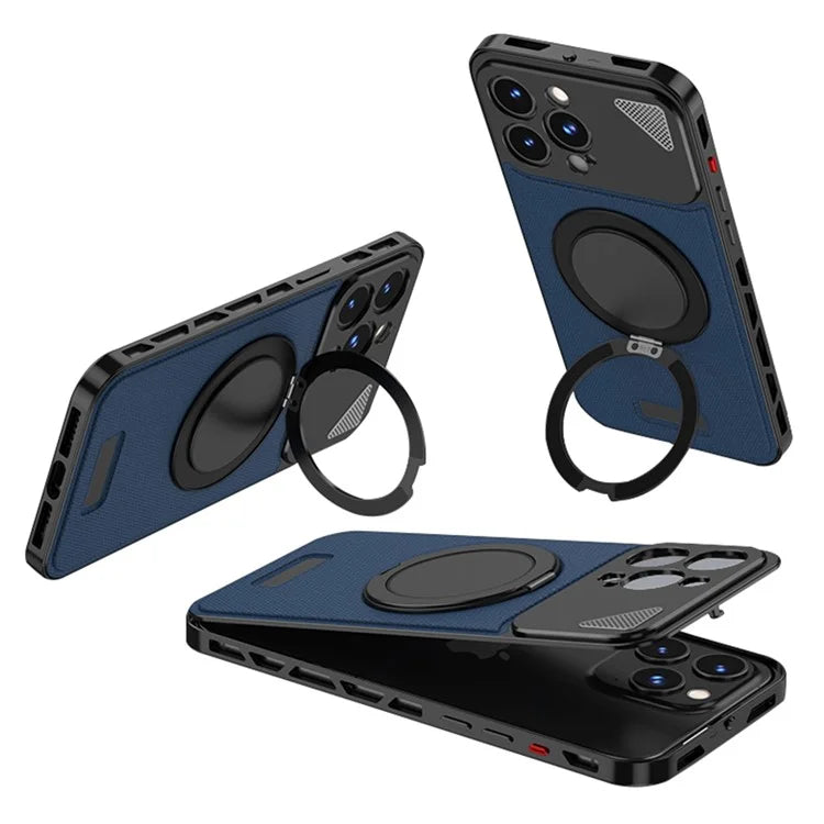 For iPhone 15 Pro Case Magnetic Closure Back Plate + Metal Frame Phone Cover with Kickstand