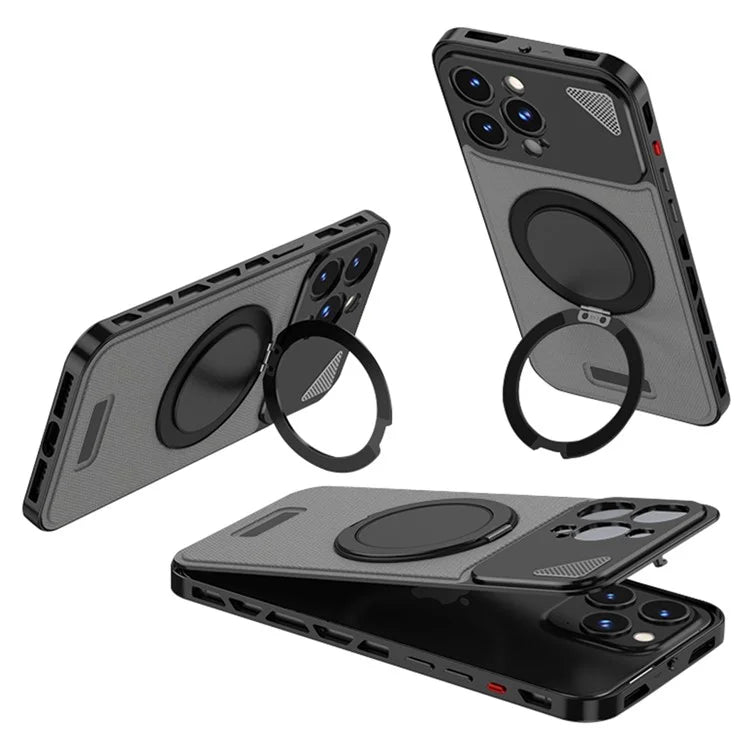 For iPhone 15 Pro Case Magnetic Closure Back Plate + Metal Frame Phone Cover with Kickstand
