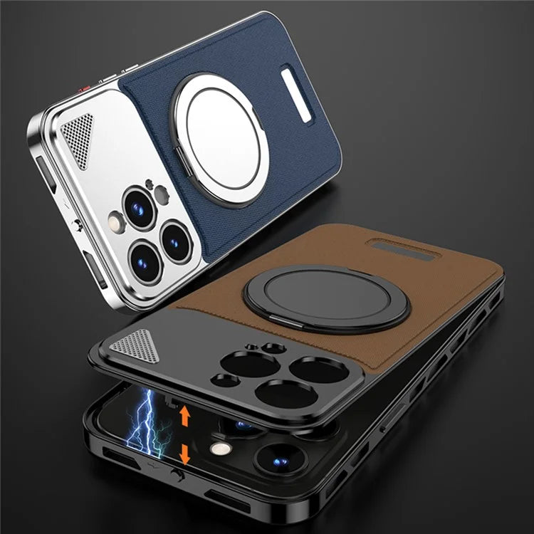 For iPhone 15 Pro Case Magnetic Closure Back Plate + Metal Frame Phone Cover with Kickstand