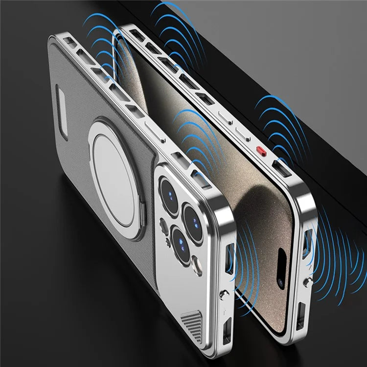For iPhone 15 Pro Case Magnetic Closure Back Plate + Metal Frame Phone Cover with Kickstand