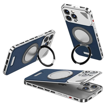 For iPhone 15 Pro Case Magnetic Closure Back Plate + Metal Frame Phone Cover with Kickstand
