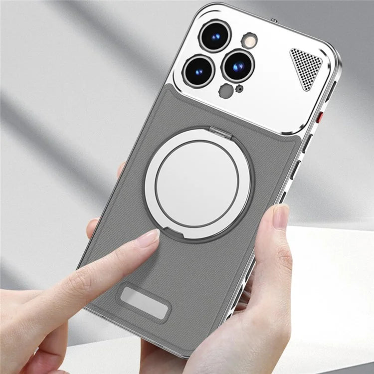 For iPhone 15 Pro Case Magnetic Closure Back Plate + Metal Frame Phone Cover with Kickstand