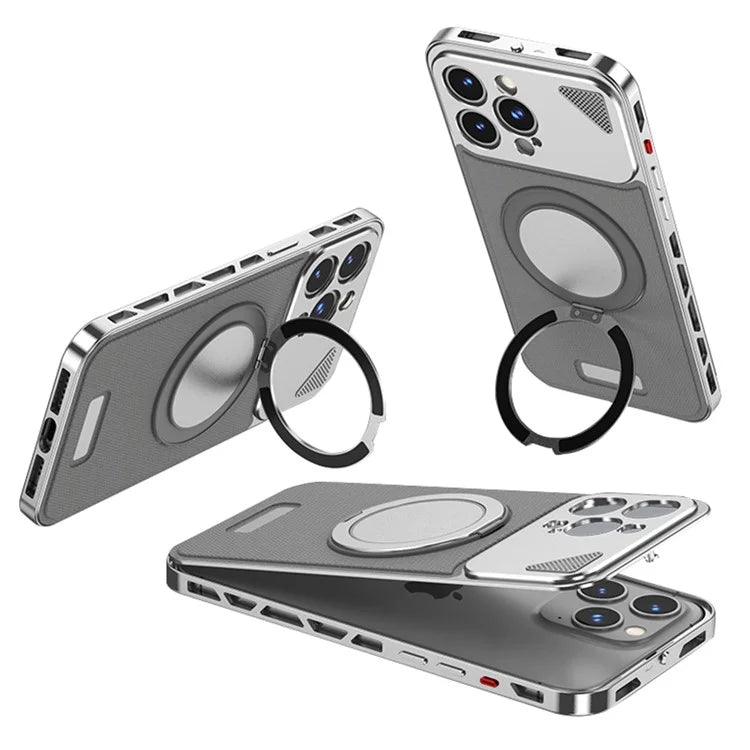 For iPhone 15 Pro Case Magnetic Closure Back Plate + Metal Frame Phone Cover with Kickstand