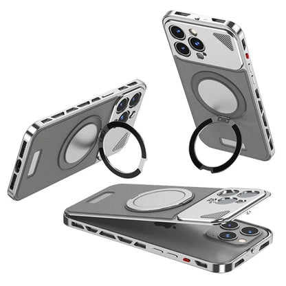 For iPhone 15 Pro Case Magnetic Closure Back Plate + Metal Frame Phone Cover with Kickstand