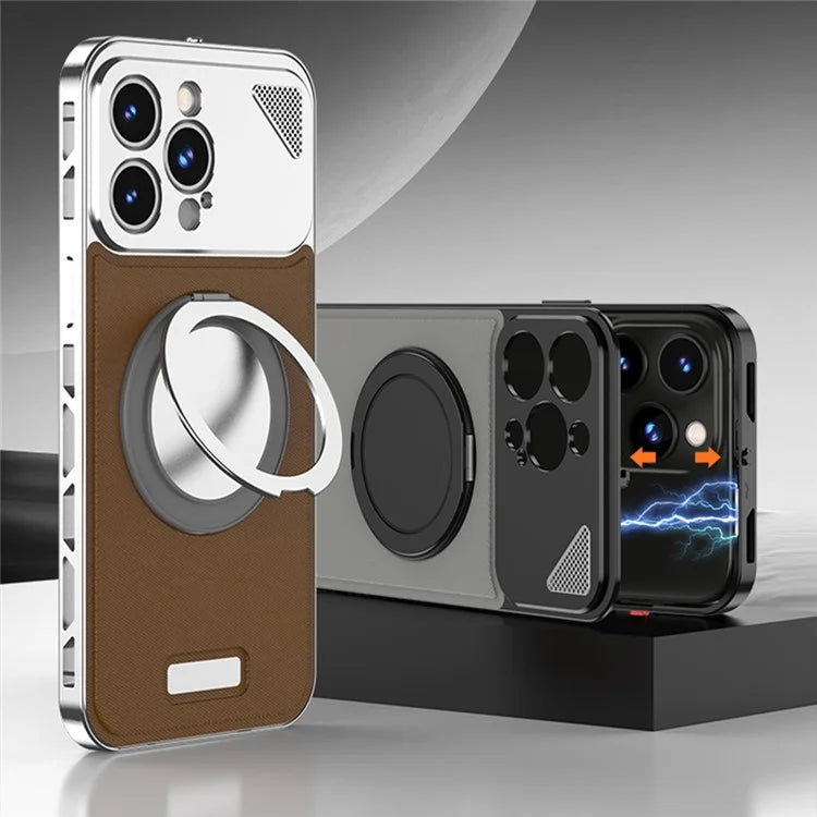 For iPhone 15 Pro Case Magnetic Closure Back Plate + Metal Frame Phone Cover with Kickstand