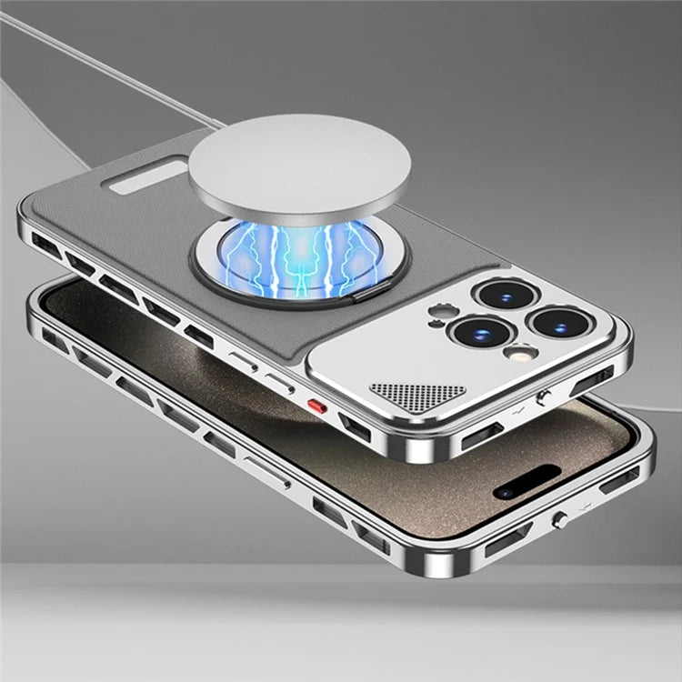 For iPhone 15 Pro Case Magnetic Closure Back Plate + Metal Frame Phone Cover with Kickstand