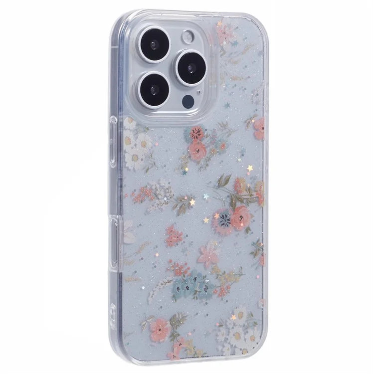 For iPhone 16 Pro Case Glitter Flower Epoxy Shockproof Phone Cover