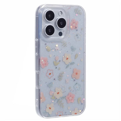 For iPhone 16 Pro Case Glitter Flower Epoxy Shockproof Phone Cover