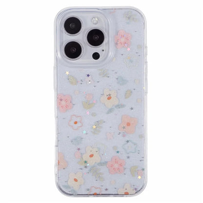 For iPhone 16 Pro Case Glitter Flower Epoxy Shockproof Phone Cover
