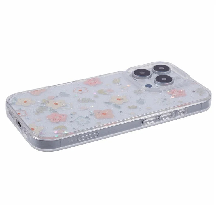 For iPhone 16 Pro Case Glitter Flower Epoxy Shockproof Phone Cover
