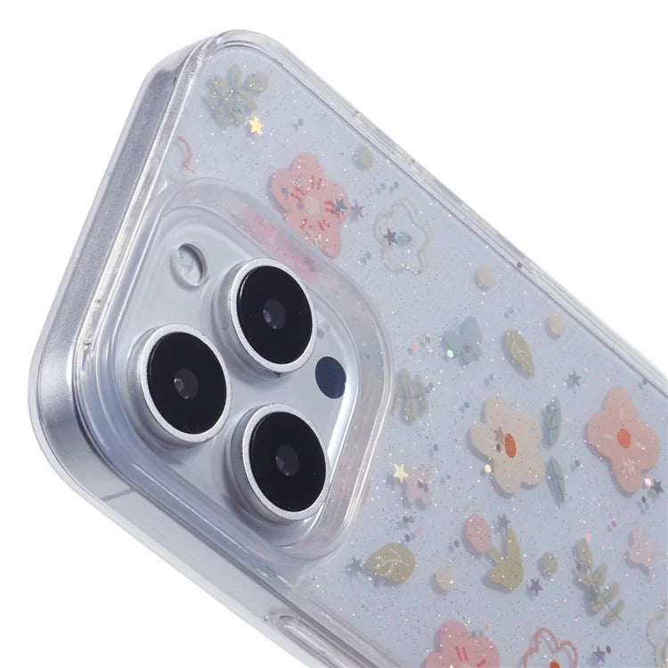 For iPhone 16 Pro Case Glitter Flower Epoxy Shockproof Phone Cover