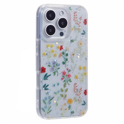 For iPhone 16 Pro Case Glitter Flower Epoxy Shockproof Phone Cover