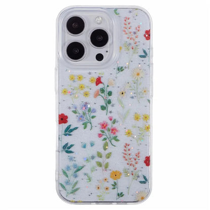 For iPhone 16 Pro Case Glitter Flower Epoxy Shockproof Phone Cover