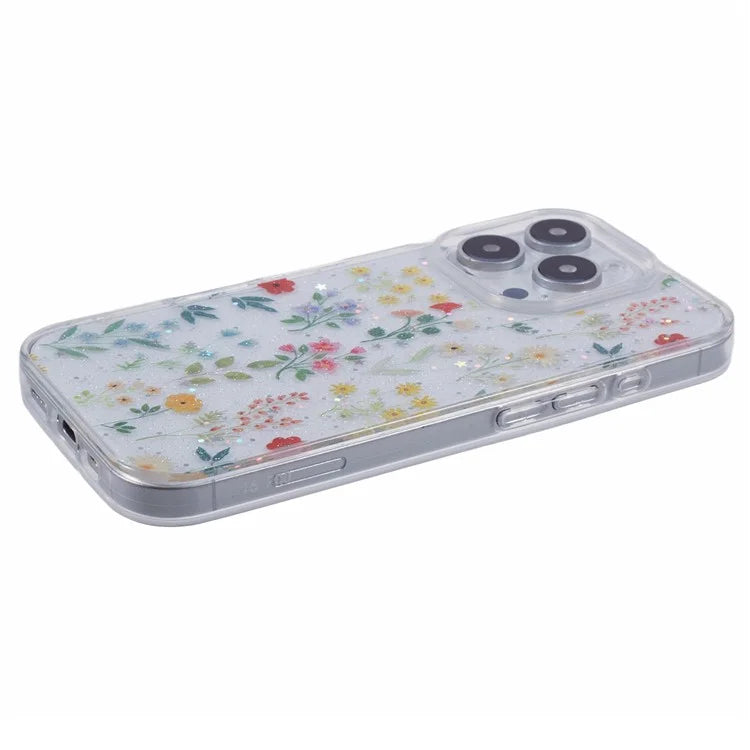 For iPhone 16 Pro Case Glitter Flower Epoxy Shockproof Phone Cover