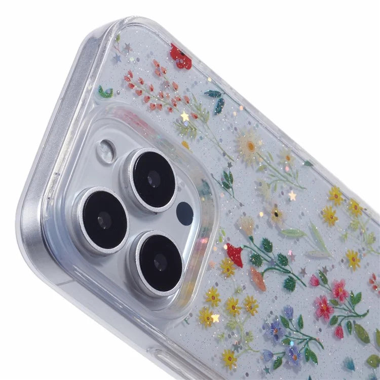 For iPhone 16 Pro Case Glitter Flower Epoxy Shockproof Phone Cover