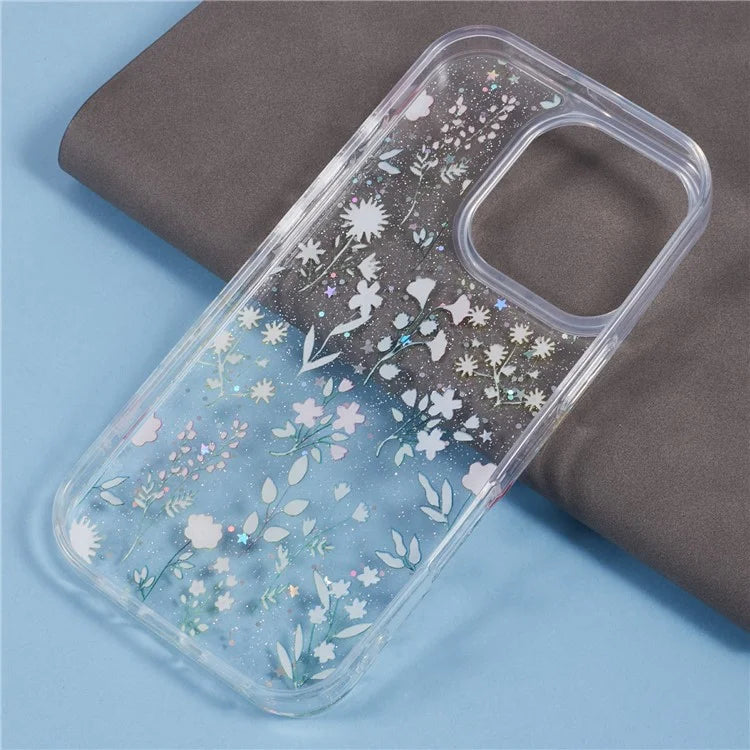 For iPhone 16 Pro Case Glitter Flower Epoxy Shockproof Phone Cover