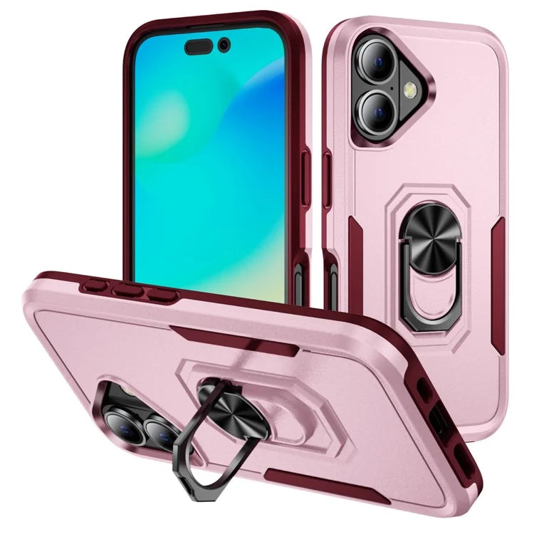 For iPhone 16 Case Military Grade Ring Kickstand PC+TPU Phone Cover