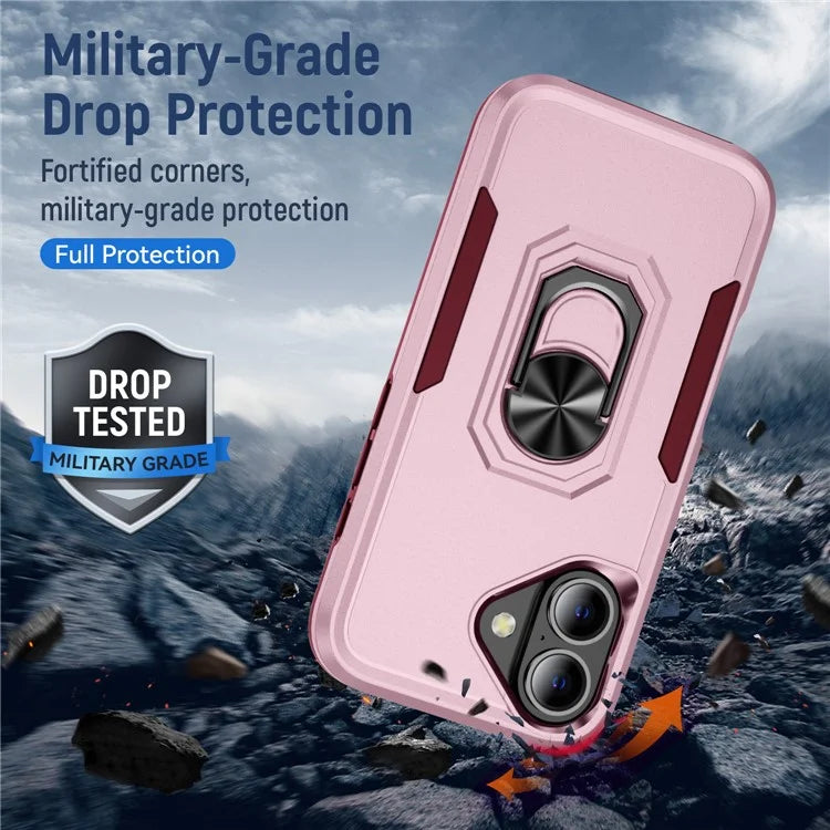 For iPhone 16 Case Military Grade Ring Kickstand PC+TPU Phone Cover