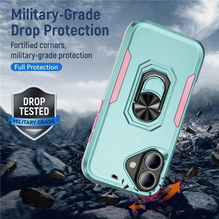 For iPhone 16 Case Military Grade Ring Kickstand PC+TPU Phone Cover