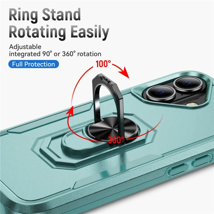 For iPhone 16 Case Military Grade Ring Kickstand PC+TPU Phone Cover