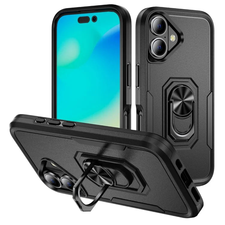 For iPhone 16 Plus Case Military Grade Ring Kickstand PC+TPU Phone Cover