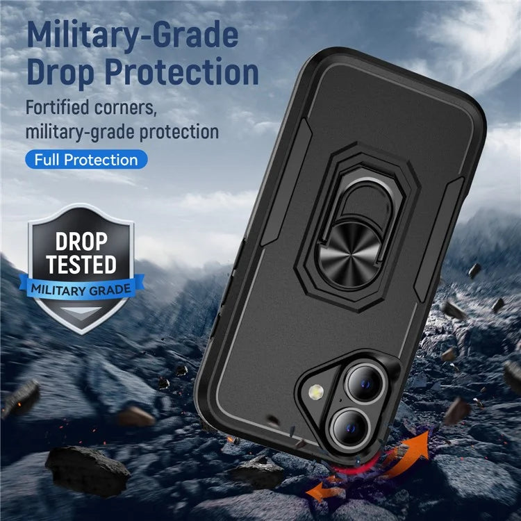 For iPhone 16 Plus Case Military Grade Ring Kickstand PC+TPU Phone Cover