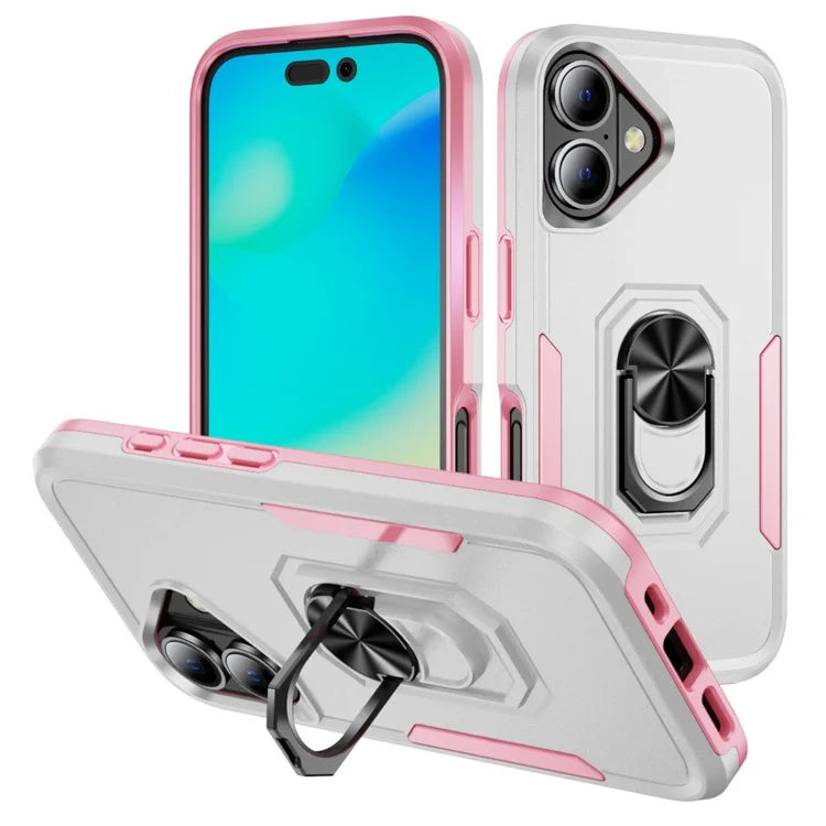 For iPhone 16 Plus Case Military Grade Ring Kickstand PC+TPU Phone Cover