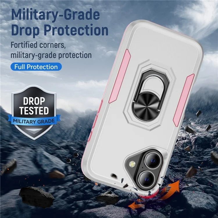 For iPhone 16 Plus Case Military Grade Ring Kickstand PC+TPU Phone Cover