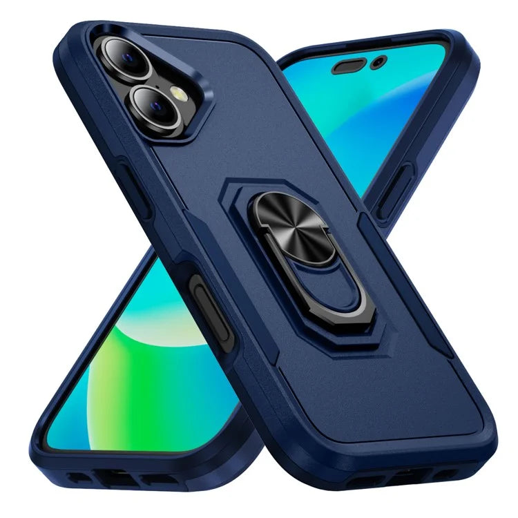 For iPhone 16 Plus Case Military Grade Ring Kickstand PC+TPU Phone Cover