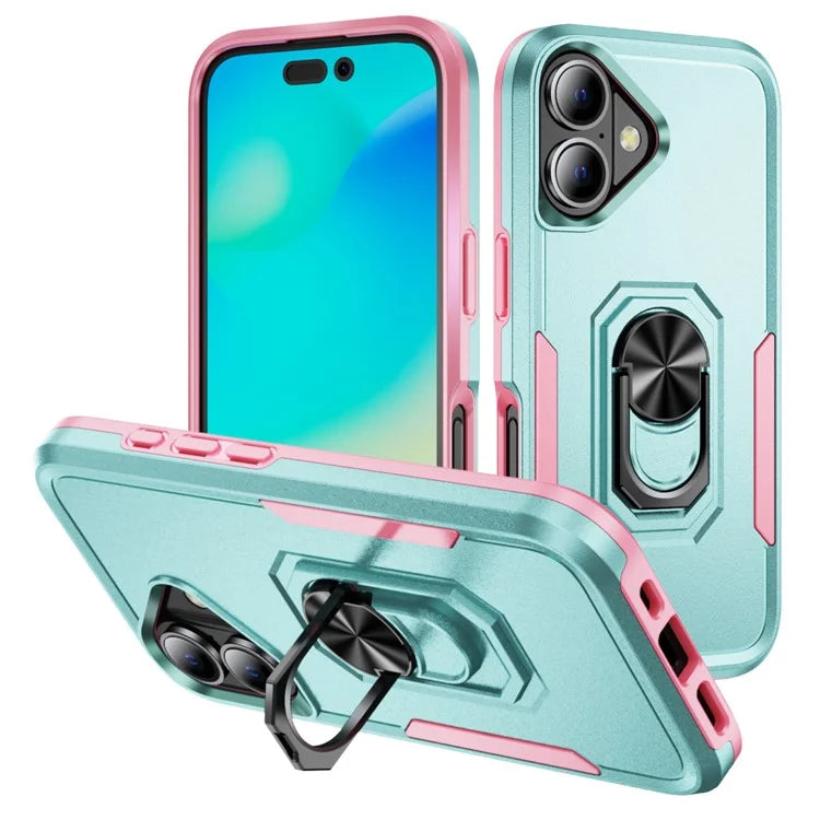 For iPhone 16 Plus Case Military Grade Ring Kickstand PC+TPU Phone Cover