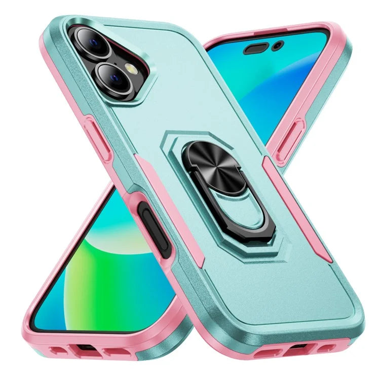 For iPhone 16 Plus Case Military Grade Ring Kickstand PC+TPU Phone Cover
