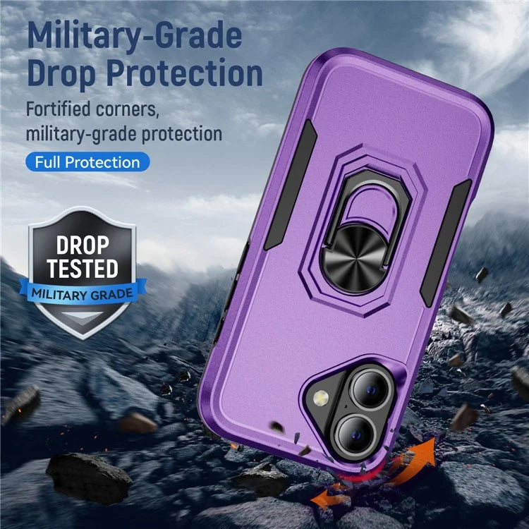 For iPhone 16 Plus Case Military Grade Ring Kickstand PC+TPU Phone Cover