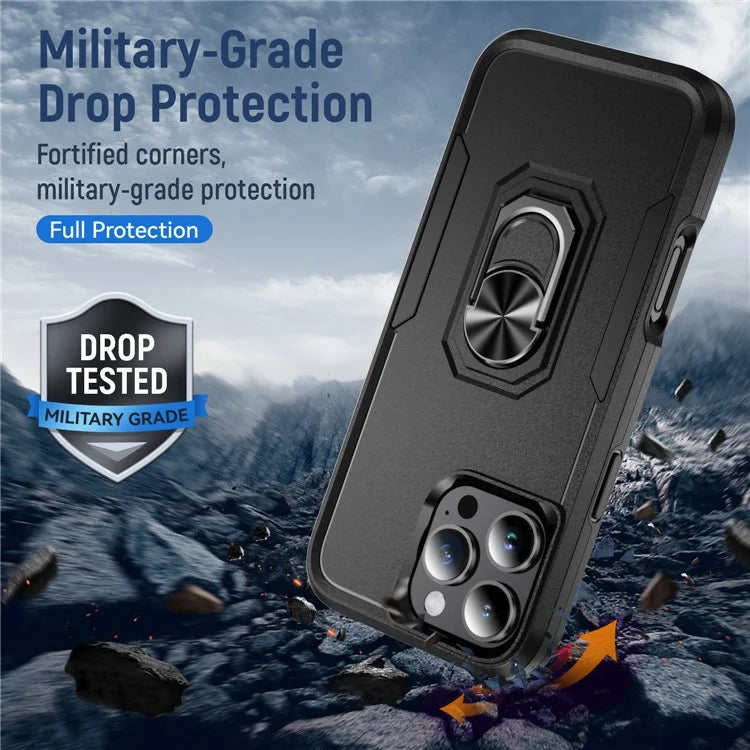 For iPhone 16 Pro Case Military Grade Ring Kickstand PC+TPU Phone Cover
