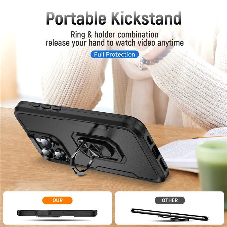 For iPhone 16 Pro Case Military Grade Ring Kickstand PC+TPU Phone Cover