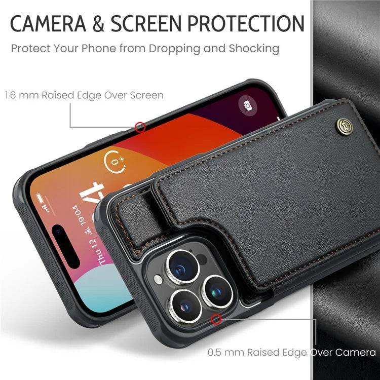 CASEME C22 Series For iPhone 16 Pro Max Case Leather+TPU Cover RFID Blocking 5 Card Slots