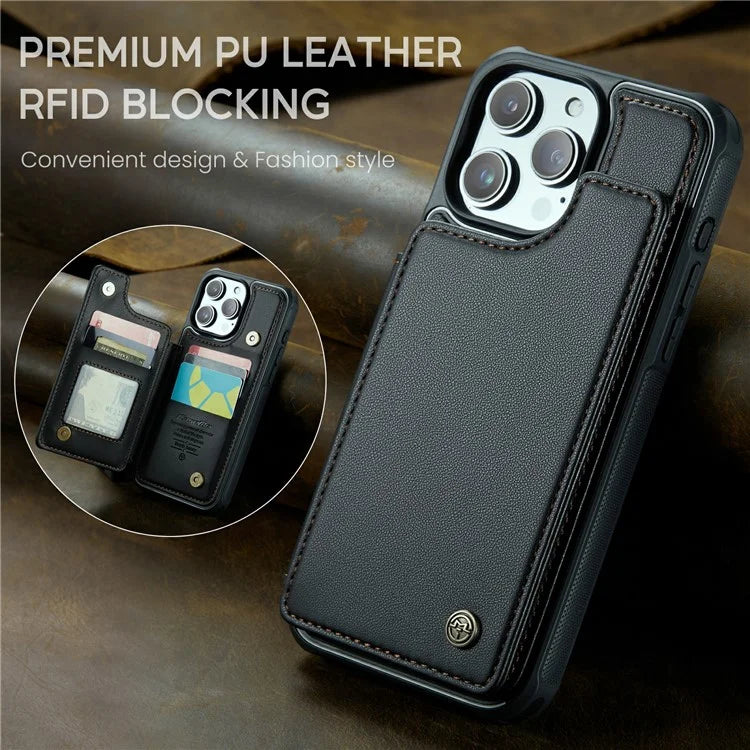 CASEME C22 Series For iPhone 16 Pro Max Case Leather+TPU Cover RFID Blocking 5 Card Slots