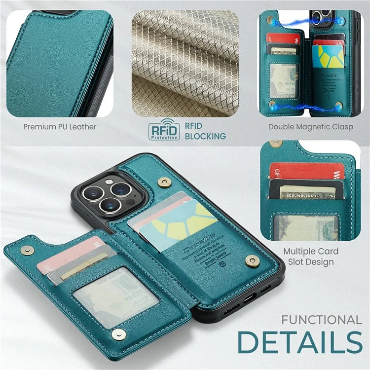 CASEME C22 Series For iPhone 16 Pro Max Case Leather+TPU Cover RFID Blocking 5 Card Slots