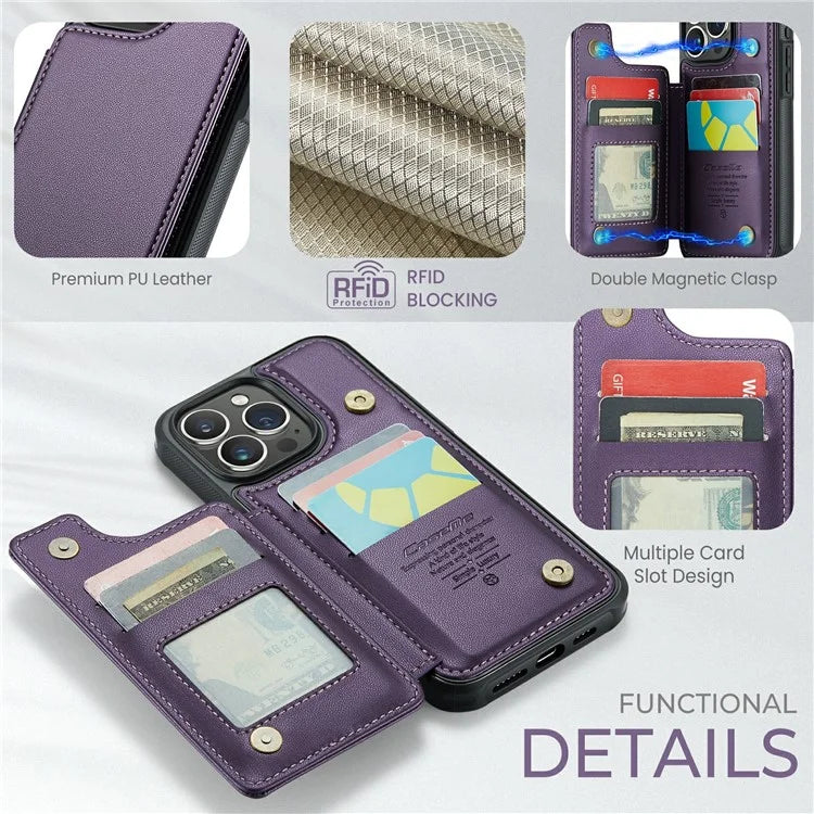 CASEME C22 Series For iPhone 16 Pro Max Case Leather+TPU Cover RFID Blocking 5 Card Slots