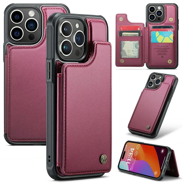CASEME C22 Series For iPhone 16 Pro Max Case Leather+TPU Cover RFID Blocking 5 Card Slots