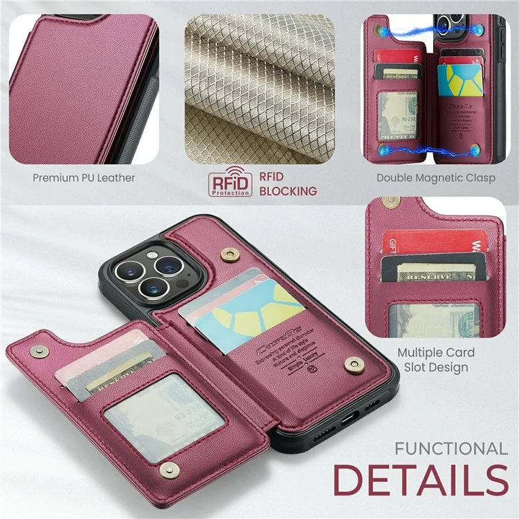 CASEME C22 Series For iPhone 16 Pro Max Case Leather+TPU Cover RFID Blocking 5 Card Slots