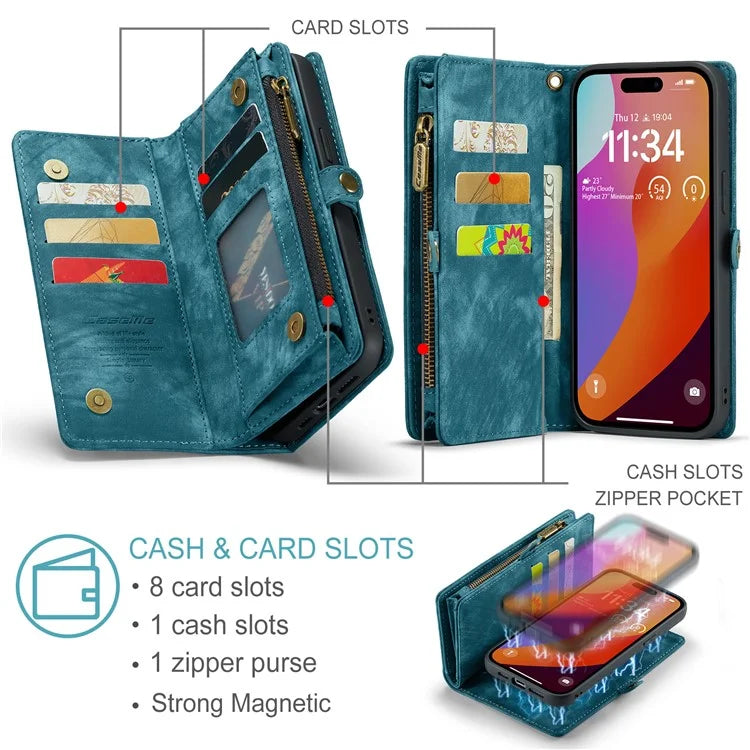 CASEME 008 Series for iPhone 16 Pro Max Case Leather Phone Cover Zipper Pocket Wallet