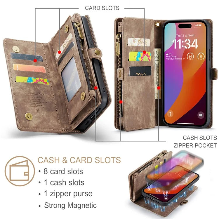 CASEME 008 Series for iPhone 16 Pro Max Case Leather Phone Cover Zipper Pocket Wallet