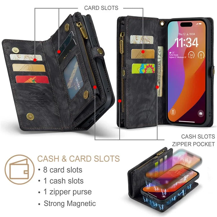 CASEME 008 Series for iPhone 16 Pro Max Case Leather Phone Cover Zipper Pocket Wallet