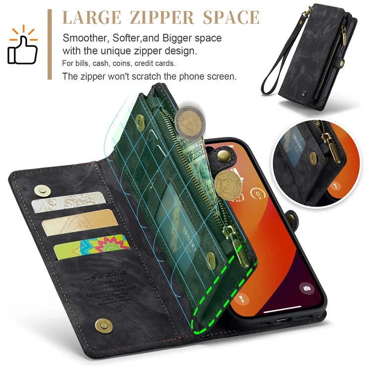 CASEME 008 Series for iPhone 16 Pro Max Case Leather Phone Cover Zipper Pocket Wallet