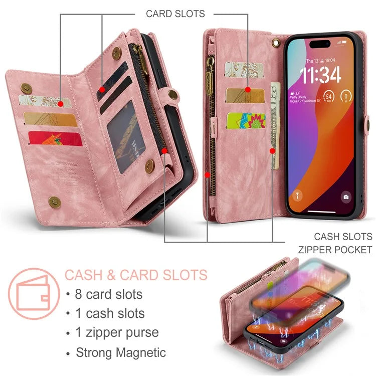 CASEME 008 Series for iPhone 16 Pro Max Case Leather Phone Cover Zipper Pocket Wallet